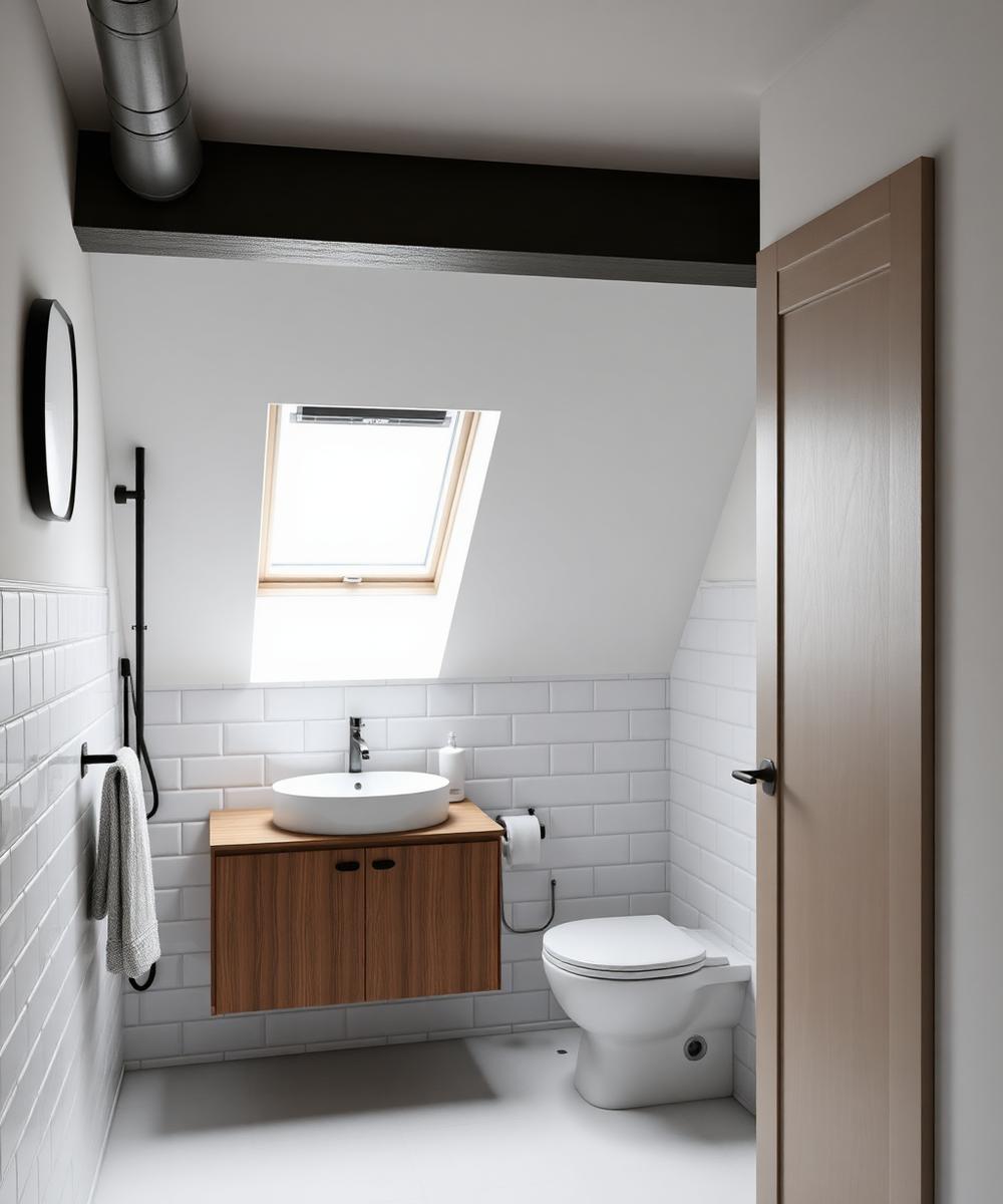 Compact loft en-suite bathroom with skylight and timber vanity