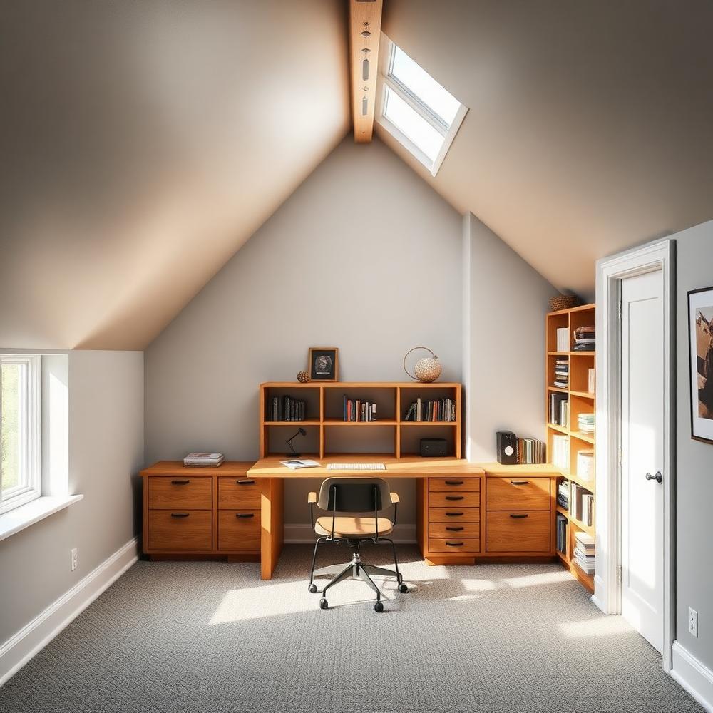 Loft home office with built-in oak desk and skylight