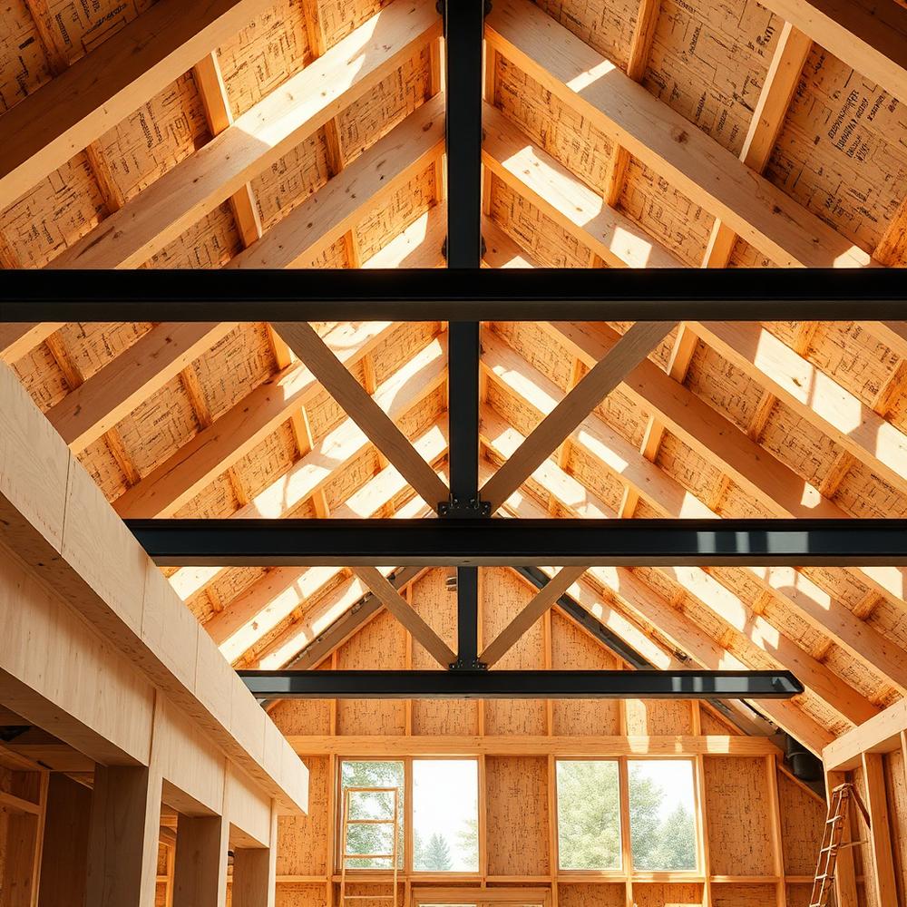 New roof structure with timber rafters and steel beam