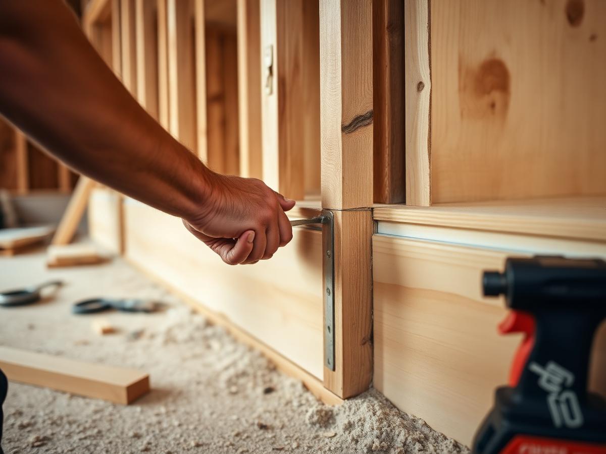 Carpenter fitting timber studwork and skirting during a loft build