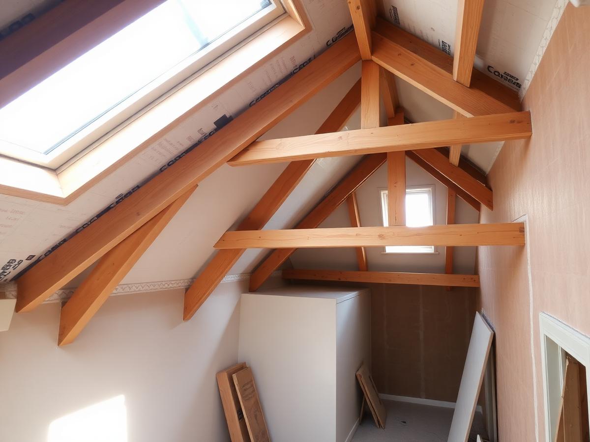 Loft conversion in progress with exposed timber rafters and insulation