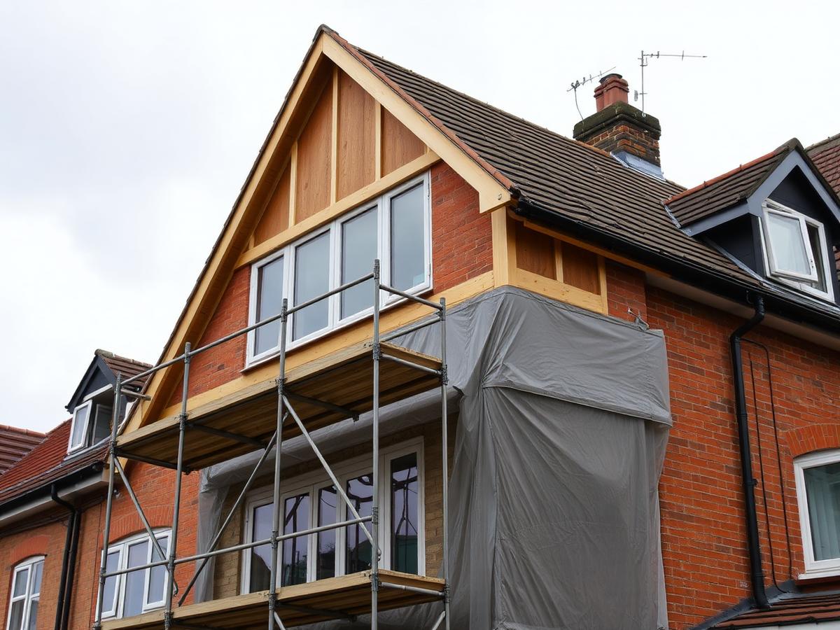 Rear dormer loft extension under construction on a UK house with scaffolding